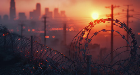 A barbed wire fence is silhouetted against a bright orange sunset over a city skyline, with the sun setting behind the buildings.の素材