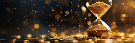 A gold hourglass rests on a pile of coins, with sparkling bokeh lights in the background.の素材