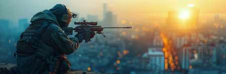 A lone soldier, silhouetted against a hazy sunrise, aims a scoped rifle towards a distant city skyline.の素材