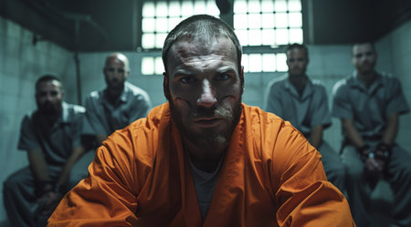 A man in an orange jumpsuit sits in a prison cell with other inmates in the background. He stars intensely at the camera with a determined expression.の素材