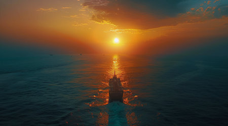 A boat sails on calm water as the sun sets, casting a golden glow over the sky and reflecting on the water.の素材