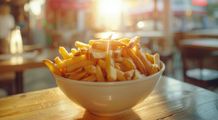 A bowl of golden French fries sits on a wooden table in a restaurant, bathed in the warm glow of the setting sun.の素材