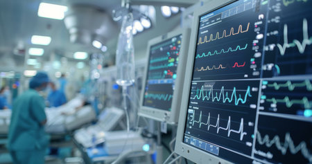 Medical equipment with digital screens displaying vital signs, a patient lying on a bed in the background, and a hospital room.の素材