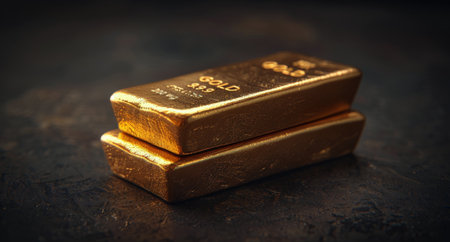 Two gold bars are stacked on top of each other on a dark, textured surface. The top bar has a GOLD inscription and the bottom bar has a faded inscription.の素材