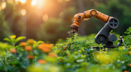 A robotic hand carefully interacts with a green plant in a greenhouse, illustrating the use of technology in agriculture.の素材
