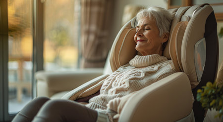 An elderly woman sits in a massage chair near a window, eyes closed, enjoying a relaxing massage.の素材