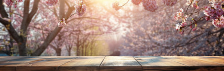 A wooden tabletop is positioned in front of a blurred background of pink cherry blossoms in full bloom. The sunlight creates a warm and inviting atmosphere.の素材