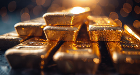 A close-up of a stack of gold bars illuminated by a warm, bright light, creating a mesmerizing reflection and shimmering effect.の素材