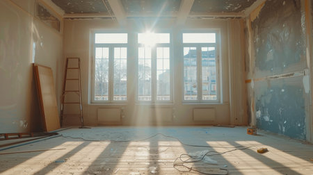 A recently renovated room large features windows offering a view of a city skyline. Sunlight streams in, illuminating the unfinished wood floor and scattered renovation materials.の素材
