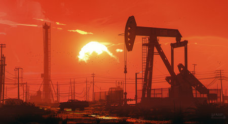 An oil pump jack silhouetted against a fiery orange sunset, with a plume of smoke rising from the field in the distance.の素材