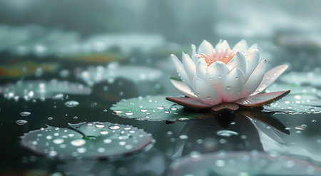 A white water lily sits on a green lily pad in a pond, covered in water droplets.の素材