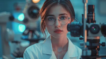 A young woman wearing a white lab coat and glasses looks intently at the camera while holding an ophthalmic instrument.の素材