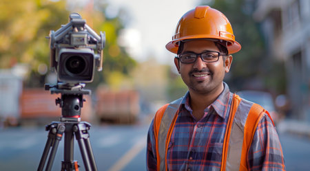 A construction worker in a yellow hard hat and safety vest smiles at the camera. A tripod-mounted surveyor's device is in the background.の素材