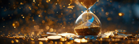 A gold hourglass rests on a pile of coins, with sparkling bokeh lights in the background.の素材
