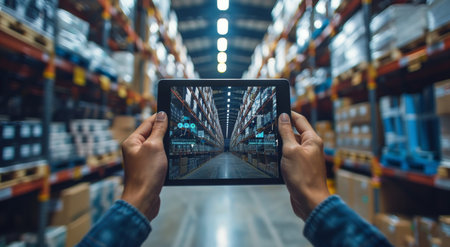 A worker in a warehouse uses a tablet with data visualizations to manage inventory and operations.の素材
