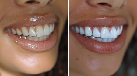 A close-up portrait of a woman with blonde hair, smiling, showing the results of teeth whitening.の素材