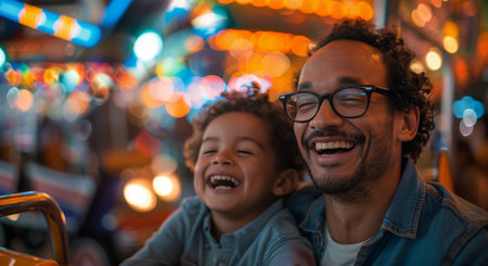 A father and son smile brightly while riding a carnival ride, their faces lit by the colorful lights.の素材
