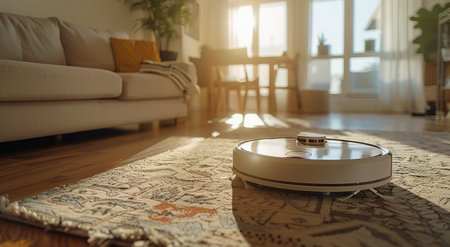 A white robotic vacuum cleaner cleans a patterned rug in a modern living room, with sunlight streaming in through the windows.の素材