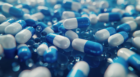 Numerous blue and white pills fall through the air, with a soft blue background.の素材
