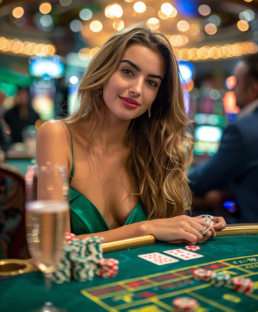 A woman with long dark hair sits at a poker table, looking intently at the game.の素材