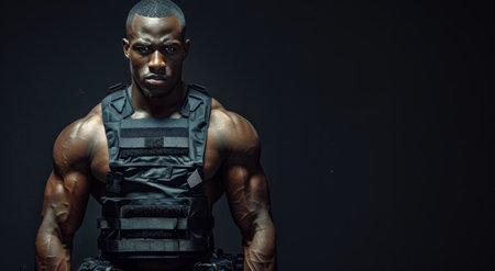 A muscular man wearing a black harness stands against a gray background.の素材