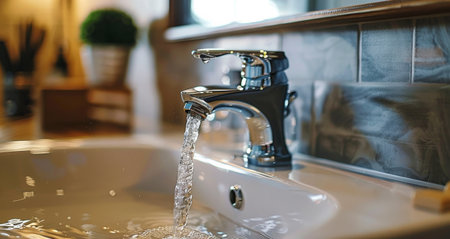 A chrome faucet pours water into a sink, creating a stream of water that creates a small splash.の素材