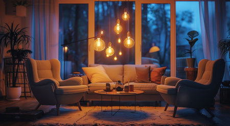 A cozy living room with a plush sofa and two armchairs illuminated by warm hanging lights.の素材