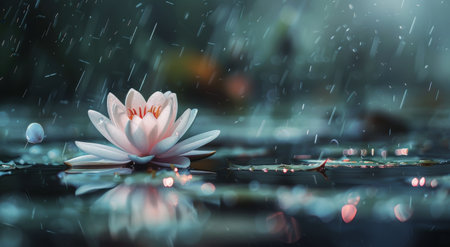 A white water lily sits on a green lily pad in a pond, covered in water droplets.の素材