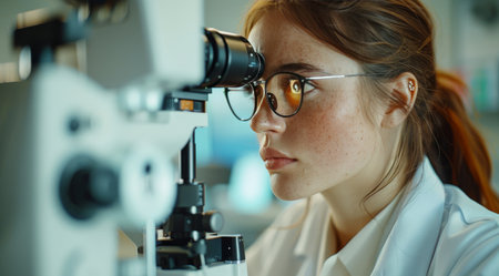 A female scientist wearing glasses and a lab coat looks through a microscope.の素材