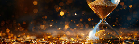 A classic hourglass with gold sand running through it against a dark background with out-of-focus golden lights.の素材