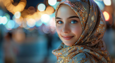 A woman wearing a hijab smiles warmly towards the camera in the evening, with a blurred background of city lights.の素材