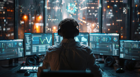 A hacker, wearing headphones, sits at a computer and works in front of three monitors displaying data. The room is dimly lit, with a blurred cityscape in the background.の素材