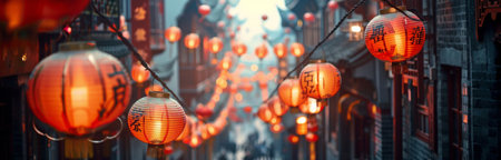 Red lanterns hang from a string of lights in a bustling Asian street, illuminating the festive atmosphere.の素材