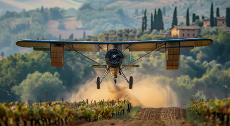 A vintage biplane flies low over a vineyard at sunset, creating a dust cloud as it sprays the crops.の素材