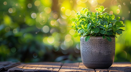 A potted plant with green leaves sits on a wooden table in front of a blurred green background. Sunlight shines through the foliage, creating a warm and natural ambiance.の素材
