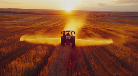 A tractor drives through a field at sunset, kicking up dust.の素材