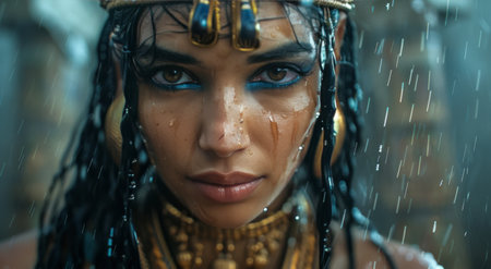 A woman with intricate blue eye makeup and gold jewelry stands in the rain, her hair wet and dripping.の素材