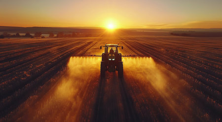 A tractor drives through a field at sunset, kicking up dust.の素材