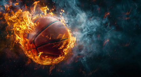 A basketball is engulfed in flames, with smoke swirling around it against a dark background.の素材