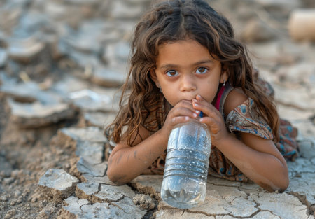 A young girl with brown hair and blue eyes sits on dry, cracked ground and drinks water from a blue plastic bottle.の素材