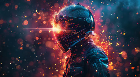 A motorcycle rider wearing a helmet stands in front of a bokeh light background, with sparks flying around them.の素材