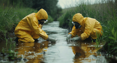 Two workers in yellow hazmat suits are kneeling by a stream, collecting water samples with a glass beaker.の素材