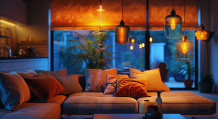 A modern living room with a large sectional sofa and warm lighting. The sofa is decorated with pillows and throws, and the room is illuminated by hanging pendant lights with exposed bulbs.の素材