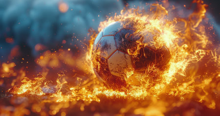 A fiery soccer ball with a cracked surface floats in a dark sky amidst billowing smoke and flames.の素材