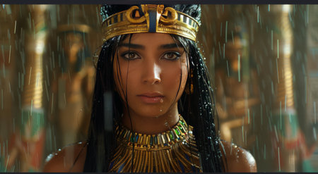 A woman with long black hair and a golden headpiece stands in the rain, her face illuminated by the light of a torch in the background.の素材