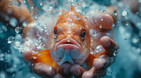 An orange fish with black eyes and a pink mouth is held in cupped hands with water droplets splashing around it.の素材