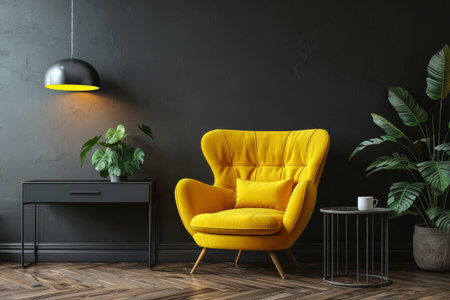 A yellow armchair sits in a modern living room with black walls. A small side table with a plant and a cup rests beside the chair.の素材