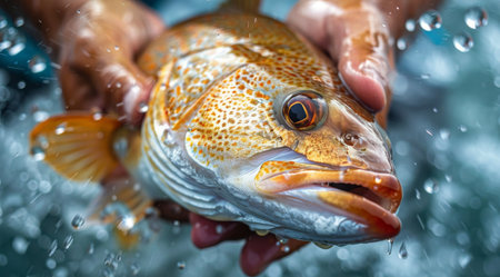 A freshly caught redfish is held above the ocean water, with splashes of water in the background.の素材