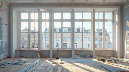 A recently renovated room large features windows offering a view of a city skyline. Sunlight streams in, illuminating the unfinished wood floor and scattered renovation materials.の素材