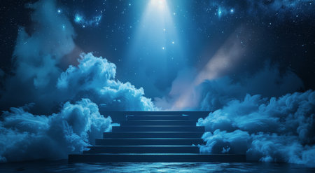 A platform with neon lights shines brightly against a background of blue clouds and a starry night sky.の素材